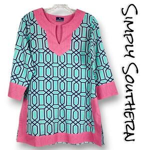 Simply Southern Cotton Teal Pink Navy Swirl Notch Neck Tunic Womens Size Small